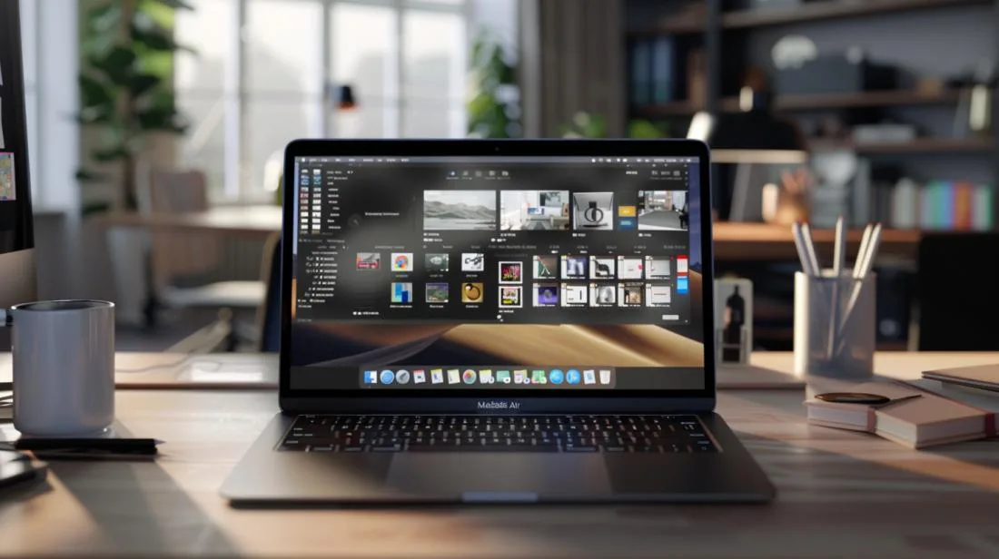 Fotografia hiper-realista do MacBook Air 2022 em uma configuração multitarefa ocupada.