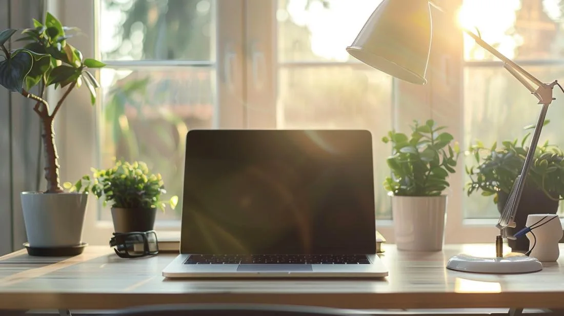 Foto hiper-realista de um MacBook Air 256GB em um ambiente de trabalho minimalista.