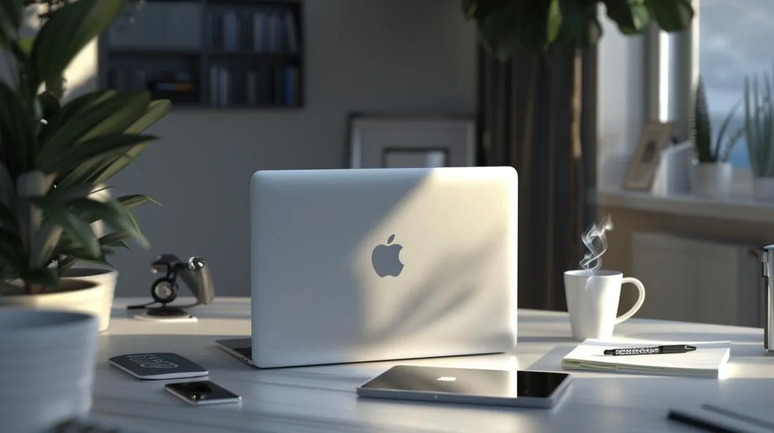 Fotografia hiper-realista de um MacBook Air A1466 detalhado em uma mesa de escritório moderna em 2023.