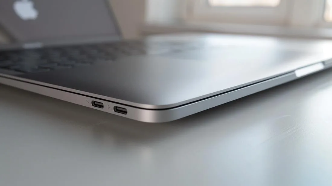 Foto detalhada de um MacBook Air destacando o tamanho do conector de fone de ouvido.