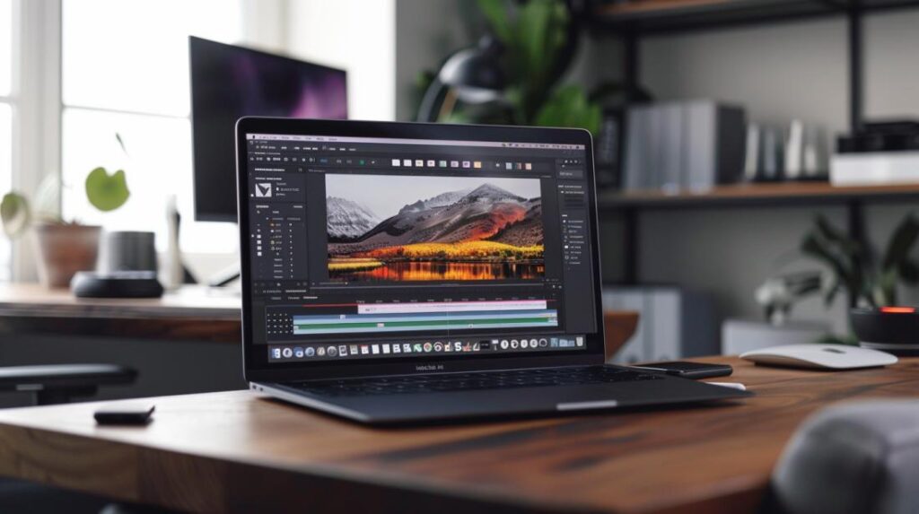 MacBook Air M1: Vale a Pena para Jogos e Edição? 2 Fotografia hiper-realista de um MacBook Air M1 em mesa minimalista, exibindo jogo e edição de vídeo.