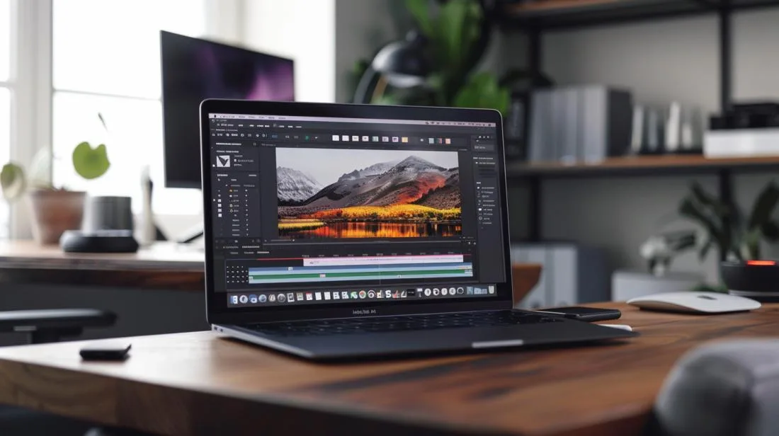 Fotografia hiper-realista de um MacBook Air M1 em mesa minimalista, exibindo jogo e edição de vídeo.