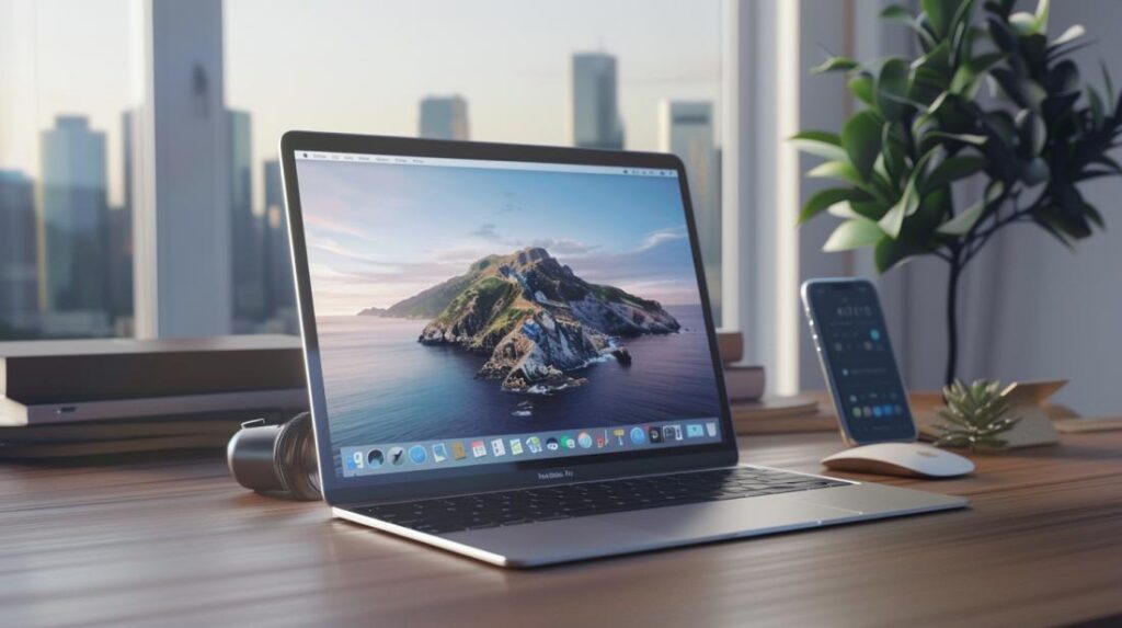 MacBook Air M2: Vale a Pena Atualizar? 2 Fotografia hiper-realista de um MacBook Air M2 em um ambiente de trabalho minimalista e estiloso.