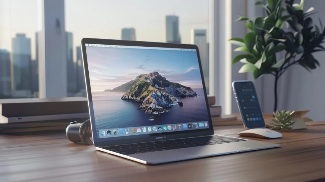 Fotografia hiper-realista de um MacBook Air M2 em um ambiente de trabalho minimalista e estiloso.