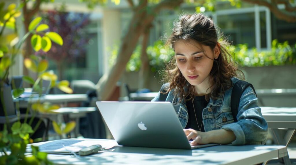 MacBook Air M3 vale a pena para estudantes? 2 Estudante universitário focado no estudo com MacBook Air M3 em campus verde e moderno.