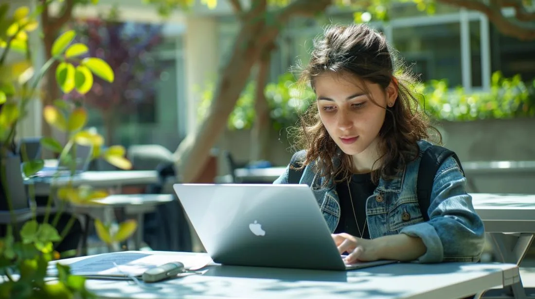 Estudante universitário focado no estudo com MacBook Air M3 em campus verde e moderno.