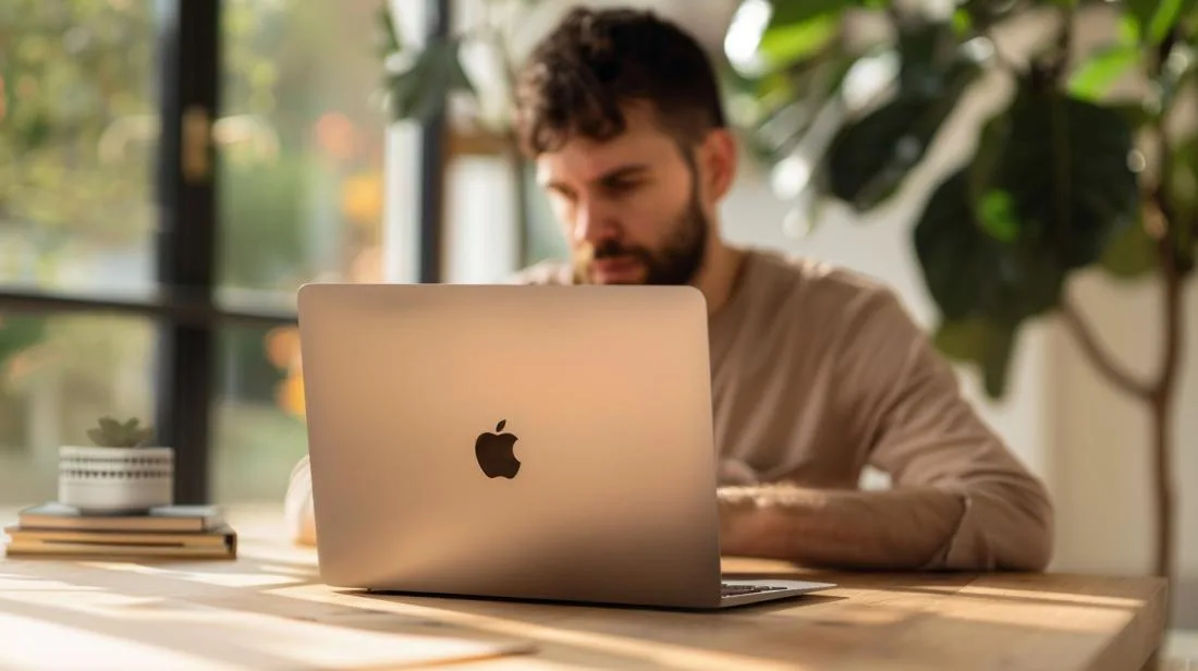 Pessoa examinando MacBook Air em ambiente moderno, destacando webcam de alta qualidade.