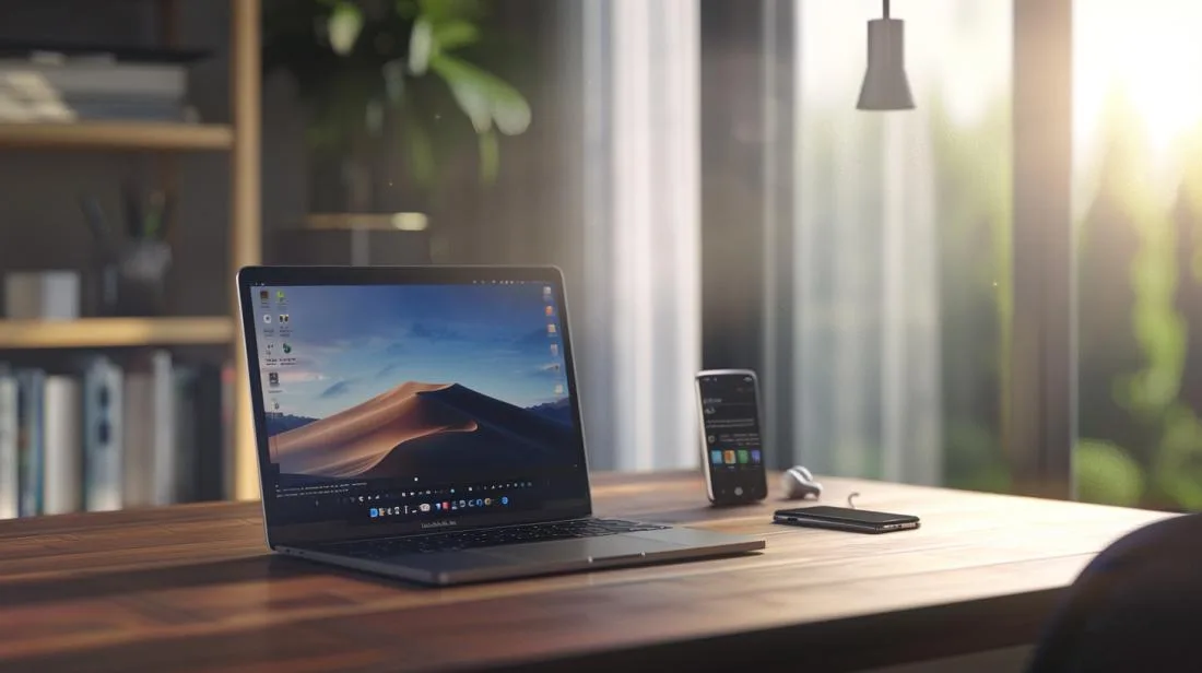 Fotografia realista de um MacBook Pro configurando um emulador Android em um espaço de lavoro minimalista.