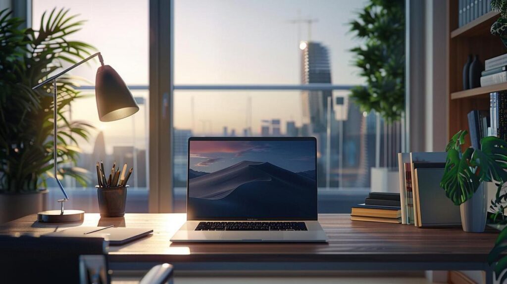 MacBook Cleaner: Vale a Pena Usar um? 2 Fotografia hiper-realista de um workspace moderno com um MacBook Pro impecável e luz natural.