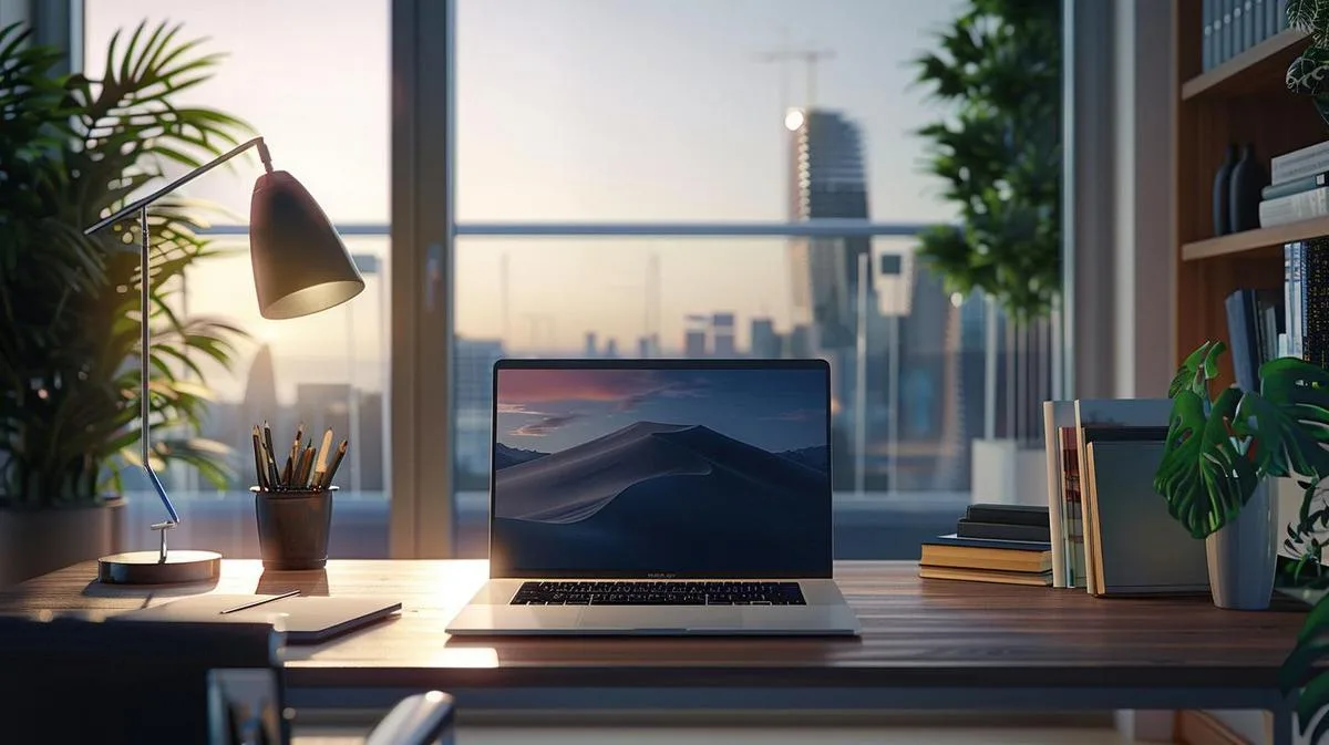 Fotografia hiper-realista de um workspace moderno com um MacBook Pro impecável e luz natural.