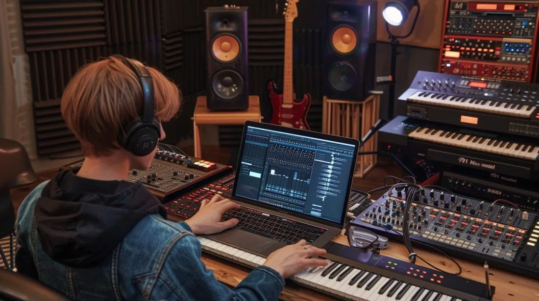 Um produtor musical concentrado em um estúdio moderno, usando um MacBook Pro 16” M1 Max.