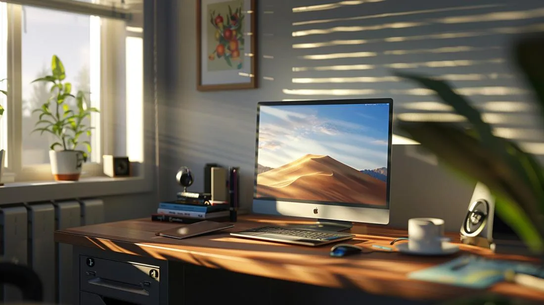 MacBook Pro usado em um escritório moderno, sobre mesa de mogno, iluminado por luz natural.