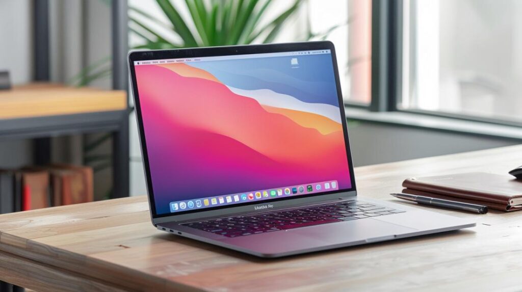 MacBook PNG: Onde Encontrar Imagens para Download? 2 Fotografia hiper-realista de um MacBook Pro em uma mesa de madeira em escritório minimalista.