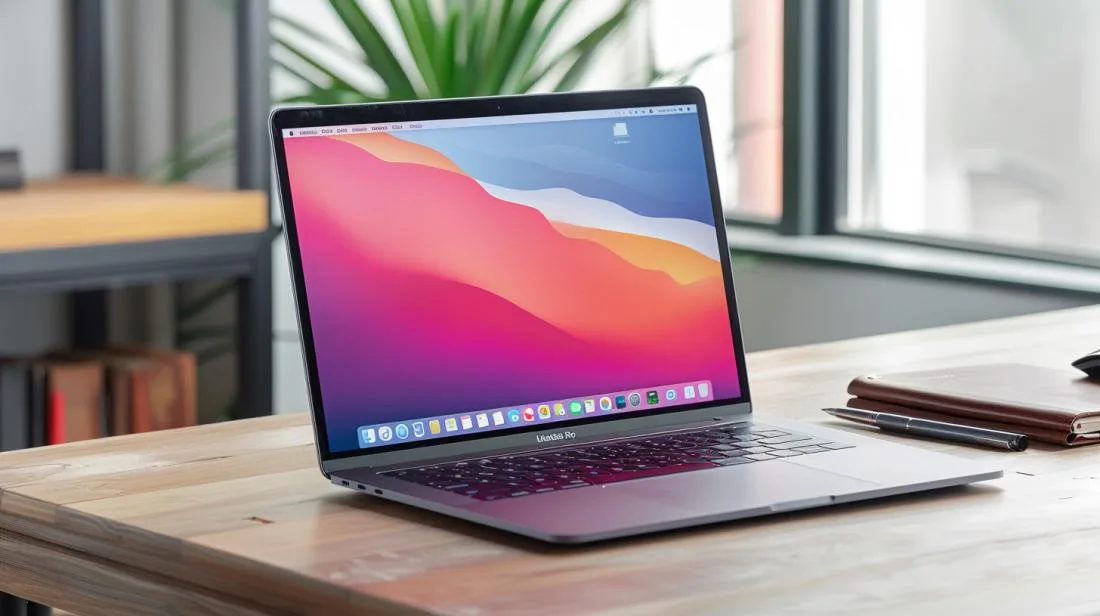 Fotografia hiper-realista de um MacBook Pro em uma mesa de madeira em escritório minimalista.