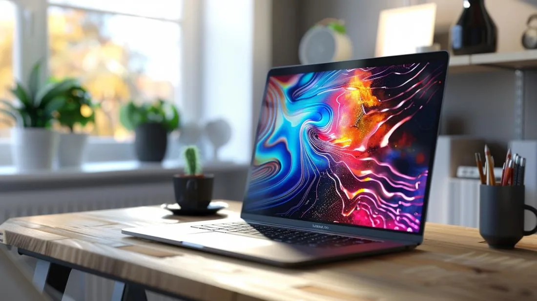Foto hiper-realista de MacBook Pro em mesa de madeira elegante com página do Pinterest aberta.