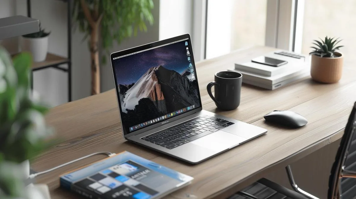 Fotografia detalhada do MacBook Pro 2023, em uma mesa minimalista com acessórios elegantes.