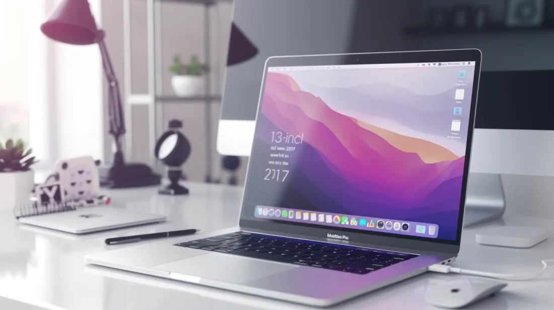 Fotografia hiper-realista de MacBook Pro 2017, destacando design em mesa minimalista moderna.