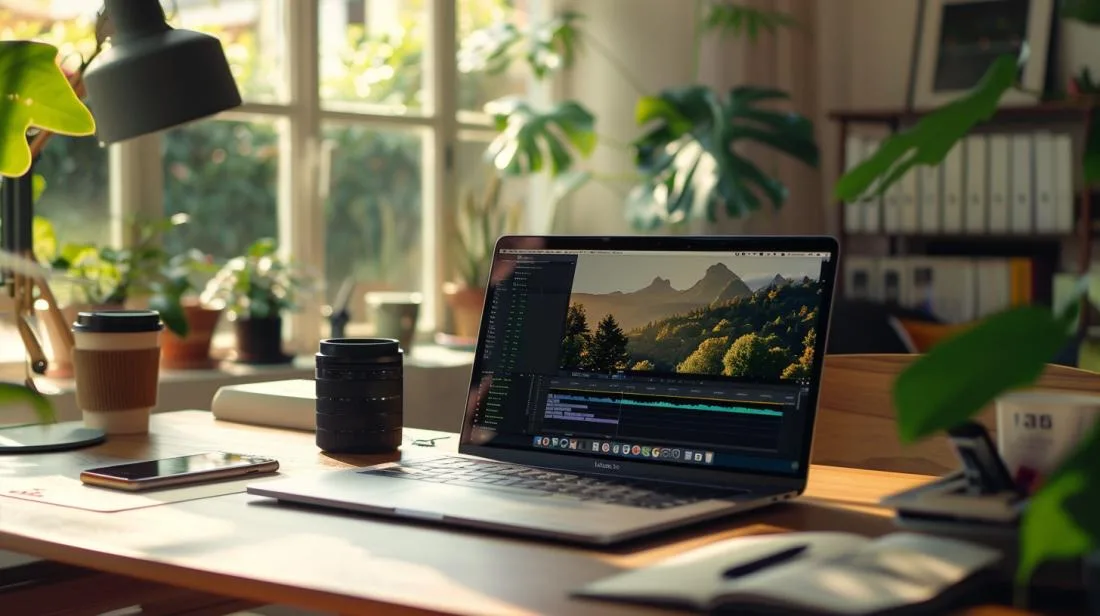 Foto hiper-realista de um MacBook Pro 14 em uma mesa moderna com iluminação suave.