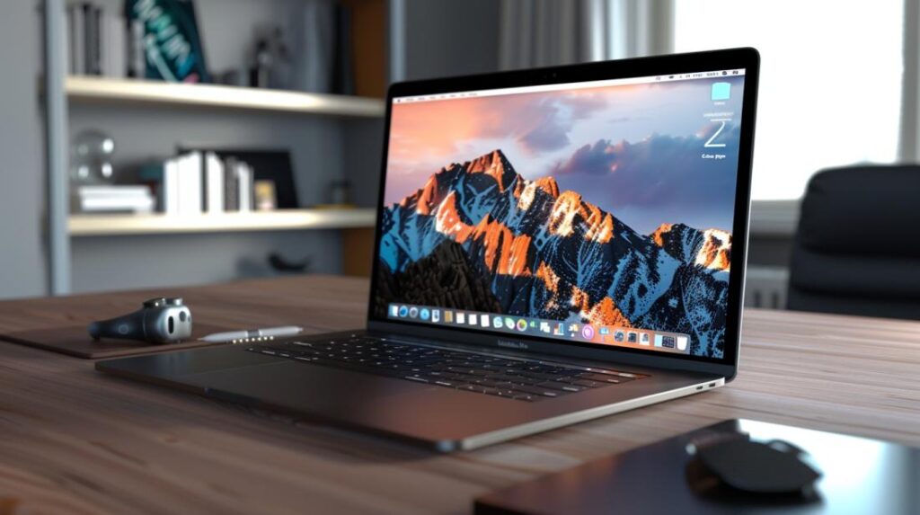 MacBook Pro 15: Vale a Pena em 2024? 2 Fotografia hiperrrealista do MacBook Pro 2023 em workspace minimalista, com tela Retina 4K e acessórios Apple.