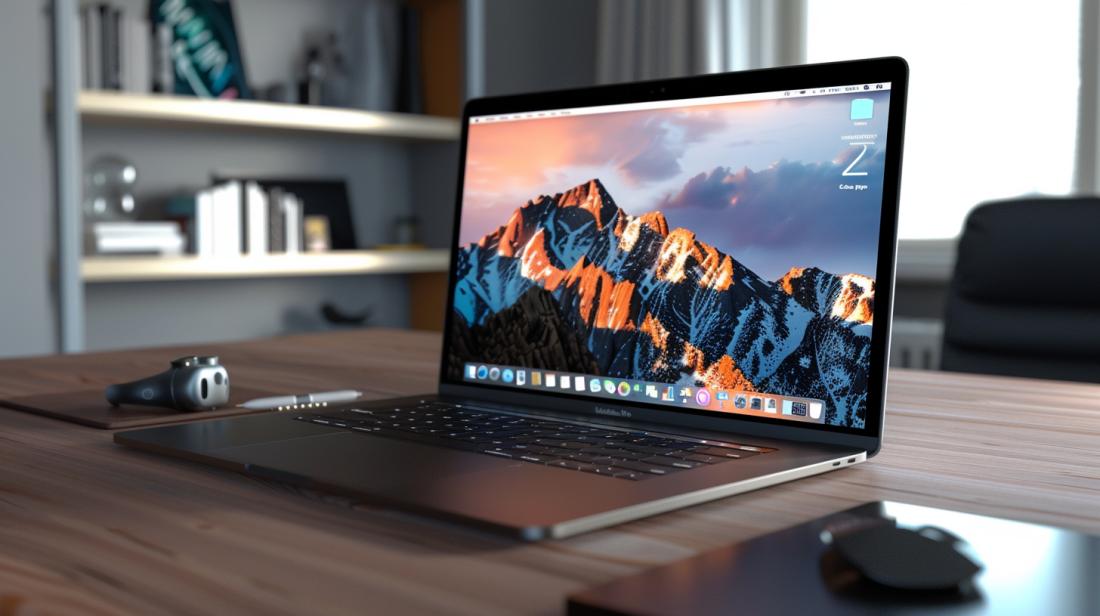 Fotografia hiperrrealista do MacBook Pro 2023 em workspace minimalista, com tela Retina 4K e acessórios Apple.