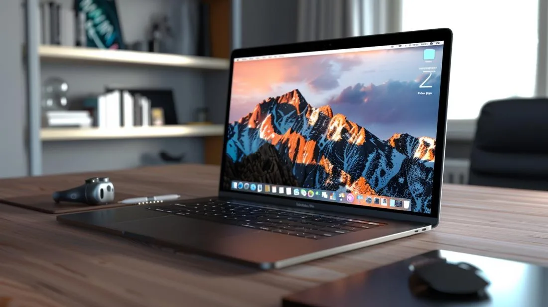 Fotografia hiperrrealista do MacBook Pro 2023 em workspace minimalista, com tela Retina 4K e acessórios Apple.