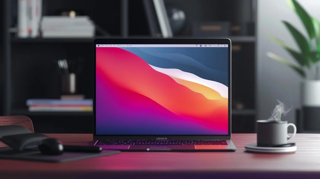 Fotografia detalhada de um MacBook Pro 2023 em um espaço de trabalho minimalista e moderno.