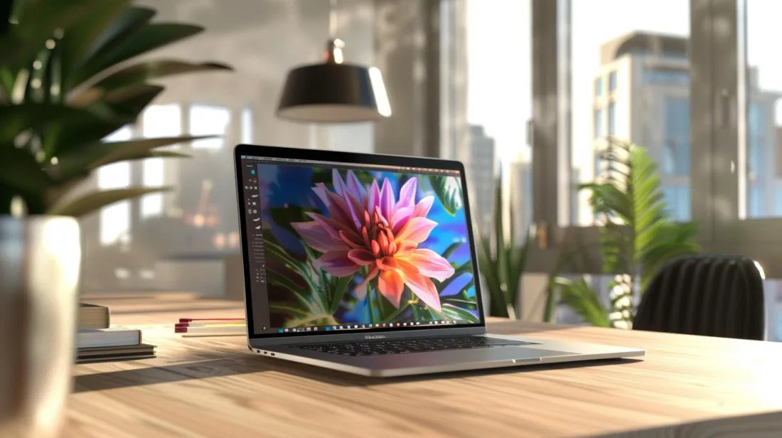 MacBook Pro com 16GB RAM e 512GB SSD em um escritório moderno e iluminado.