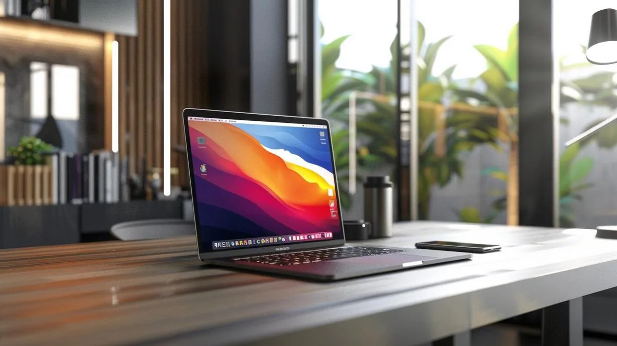 MacBook Pro 2020 em espaço de trabalho minimalista, capturado com impressionante nitidez e luz natural.