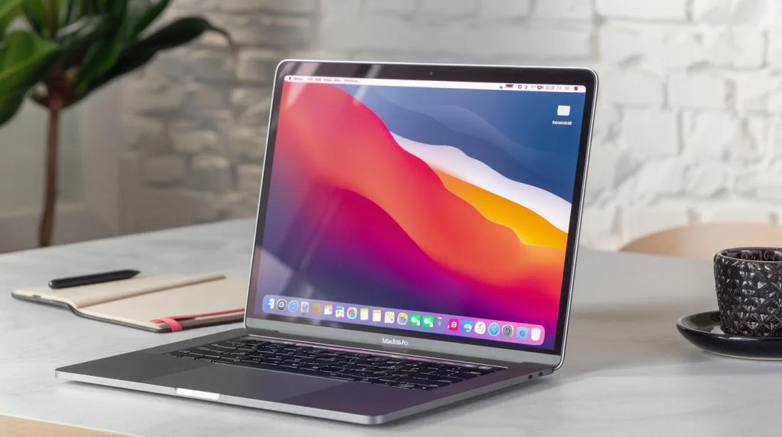 MacBook Pro 16" em espaço minimalista, tela Retina vibrante, corpo elegante e acessórios de escritório.
