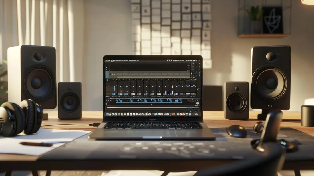 MacBook Pro 17 em ambiente moderno de estúdio, destacando alta tecnologia e qualidade sonora.