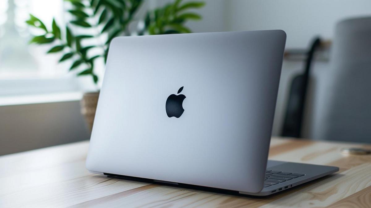 Fotografia hyperrealista de um MacBook Pro 2012 em uma mesa minimalista moderna.