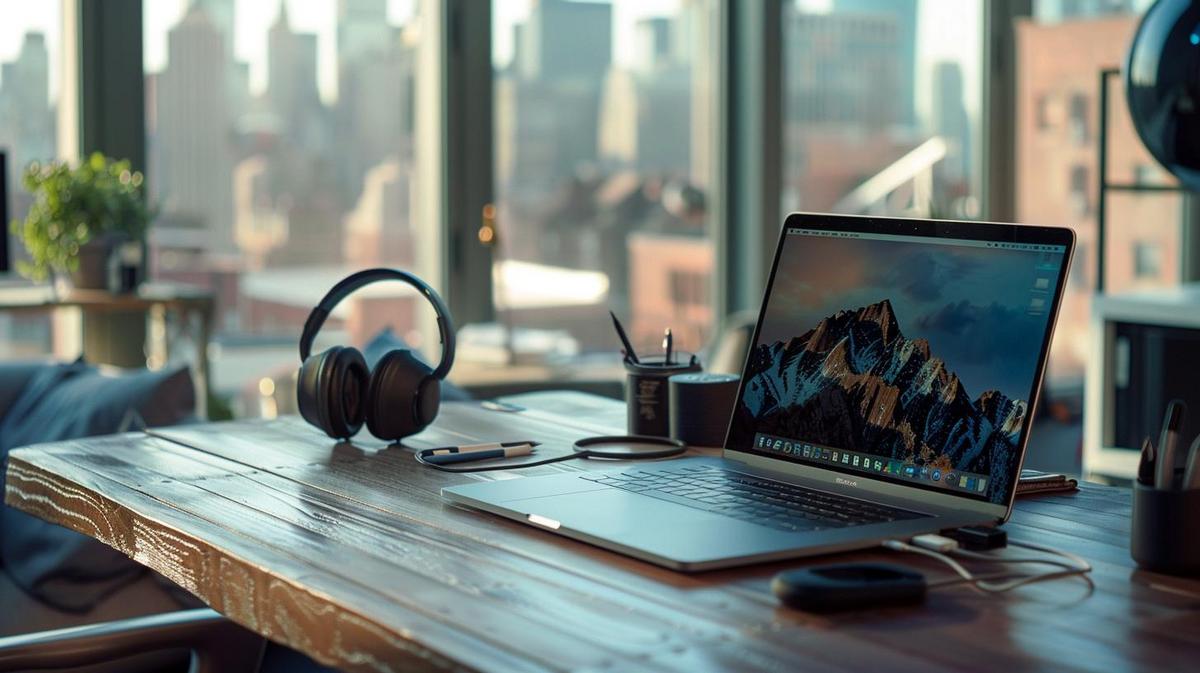 MacBook Pro 2016 em espaço moderno com tecnologia de 2023, capturado com Canon EOS R5.