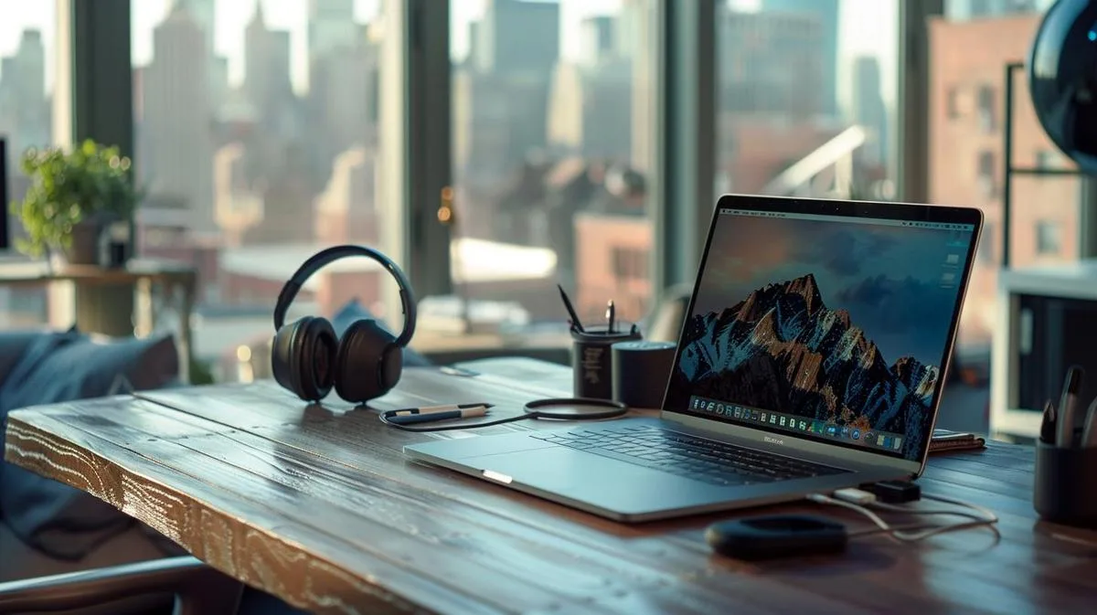 MacBook Pro 2016 em espaço moderno com tecnologia de 2023, capturado com Canon EOS R5.