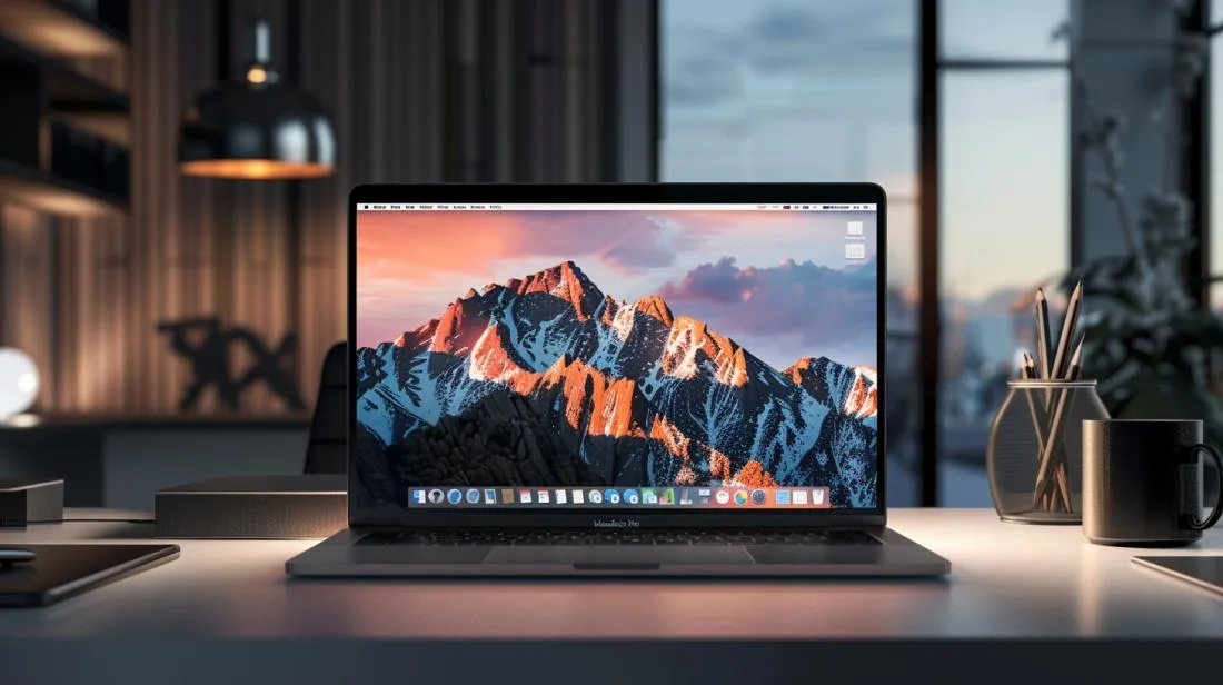 Uma fotografia hiper-realista de um MacBook Pro 2017 em um moderno escritório doméstico em 2023.