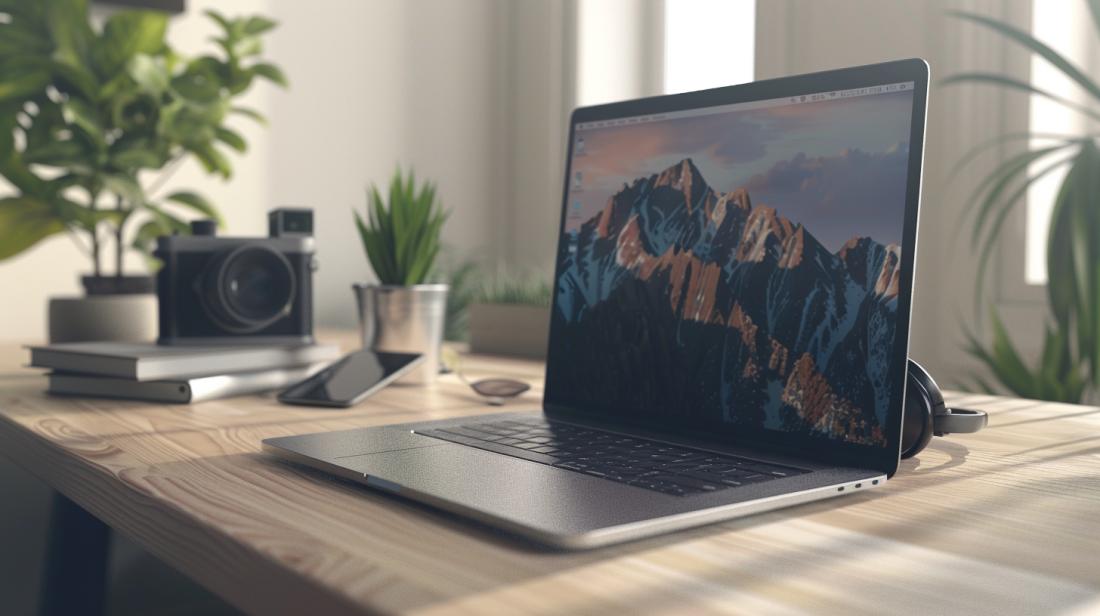 Foto hiper-realista de um MacBook Pro 2018 em um escritório moderno com acessórios tecnológicos.