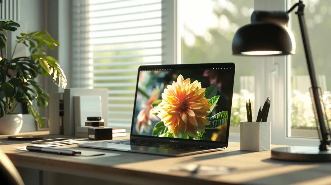 Fotografia hiper-realista de um MacBook Pro 2019 em um escritório moderno iluminado naturalmente.
