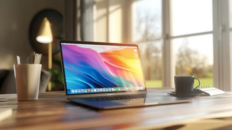 Fotografia hiper-realista do MacBook Pro 2020 em mesa moderna, luz natural, escritório minimalista.