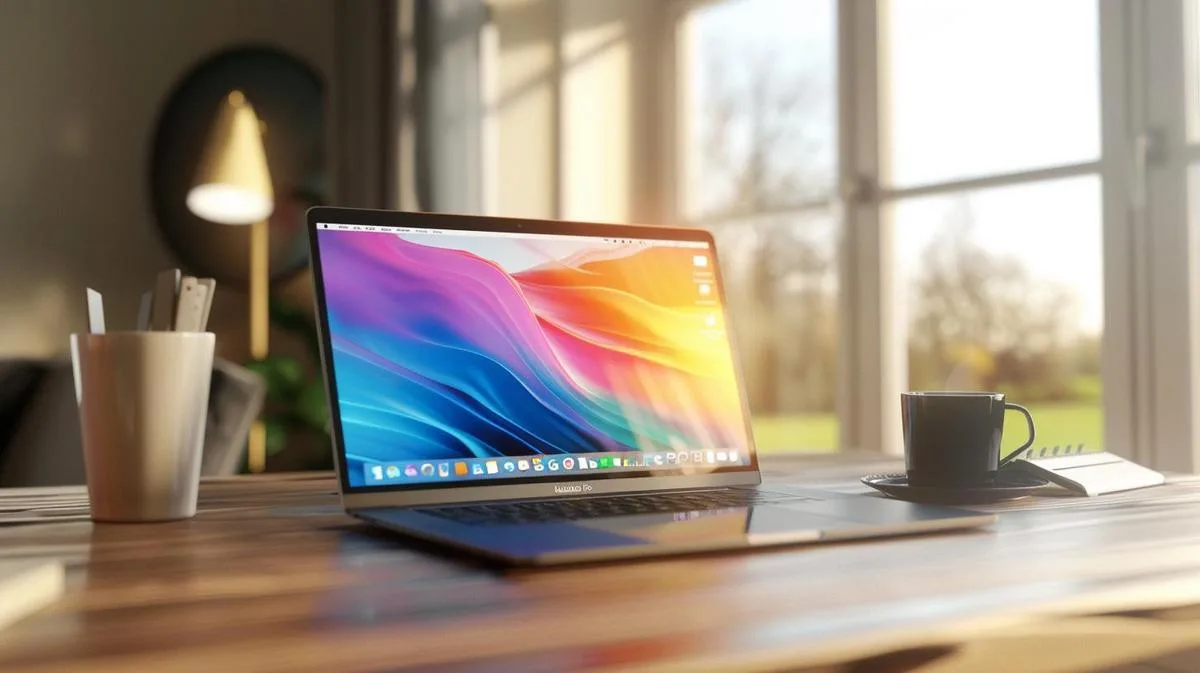 Fotografia hiper-realista do MacBook Pro 2020 em mesa moderna, luz natural, escritório minimalista.