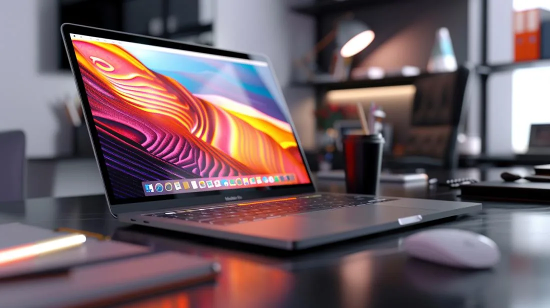 Foto hiper-realista do MacBook Pro 2021 em mesa de trabalho sofisticada com acessórios profissionais.