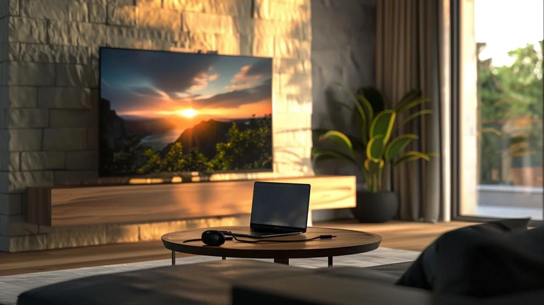 MacBook Pro conectado à TV 4K em sala moderna e elegante, destacando tecnologia integrada.