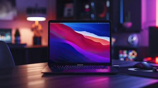 Fotografia hiper-realista do MacBook Pro A1502 em uma mesa minimalista, con design arquitetônico na schermo.