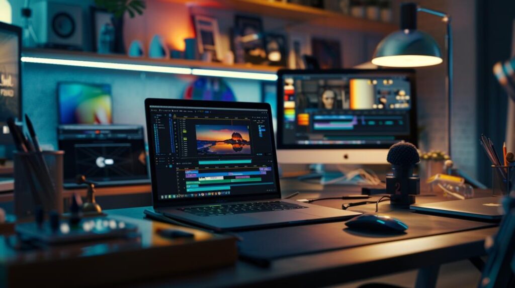 Fotografia hiper-realista de MacBook Pro M1 em estúdio moderno com ferramentas de edição avançadas.