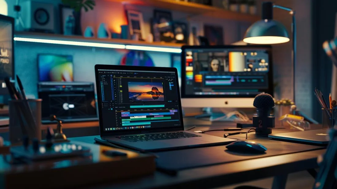 Fotografia hiper-realista de MacBook Pro M1 em estúdio moderno com ferramentas de edição avançadas.