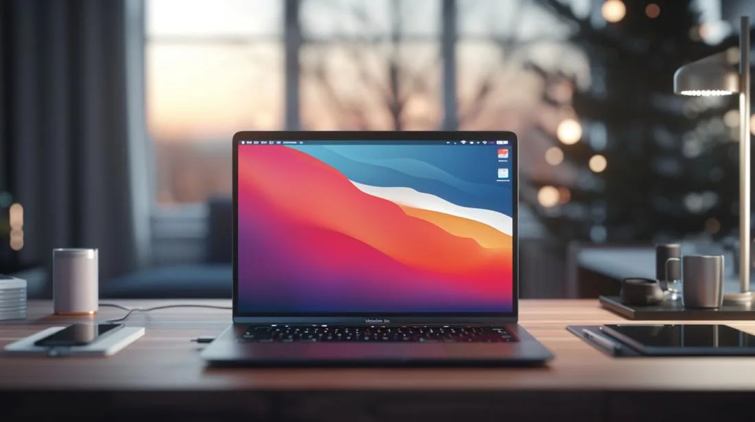 Foto hiper-realista de um MacBook Pro M2 em uma mesa minimalista de escritório moderno.