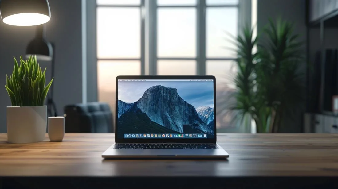 Fotografia hiper-realista do MacBook Pro M3 num espaço de trabalho moderno e minimalista.