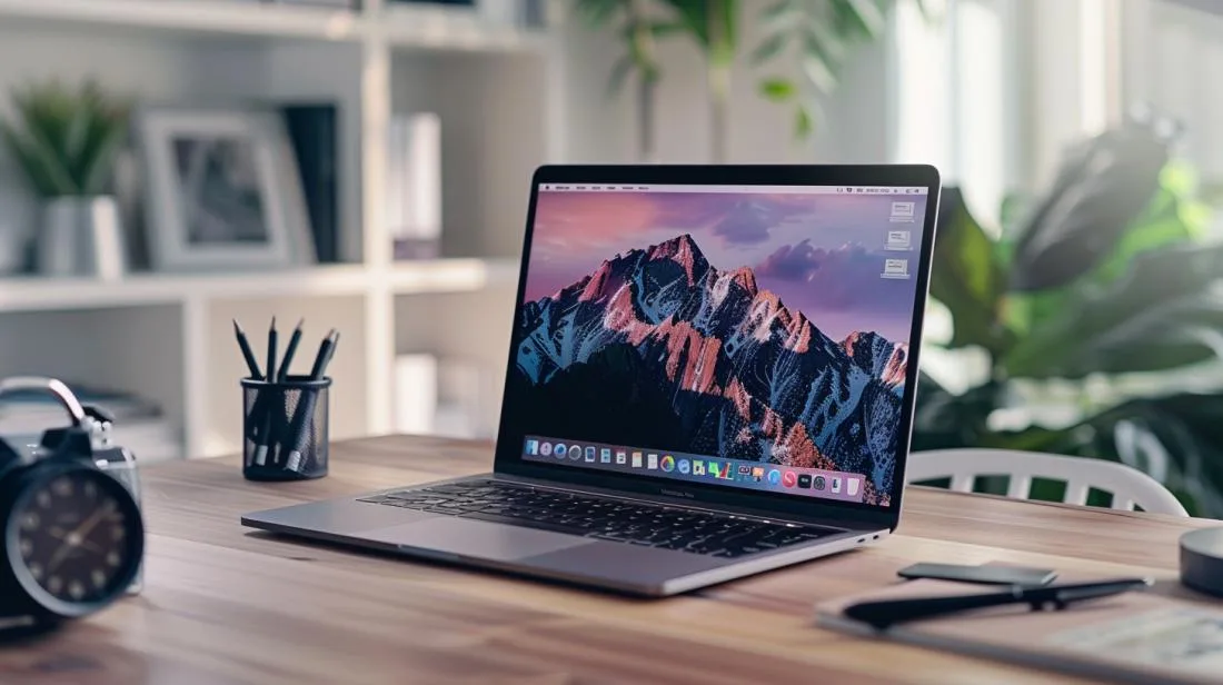 Fotografia hiper-realista de um MacBook Pro com Touch Bar em um escritório minimalista moderno.