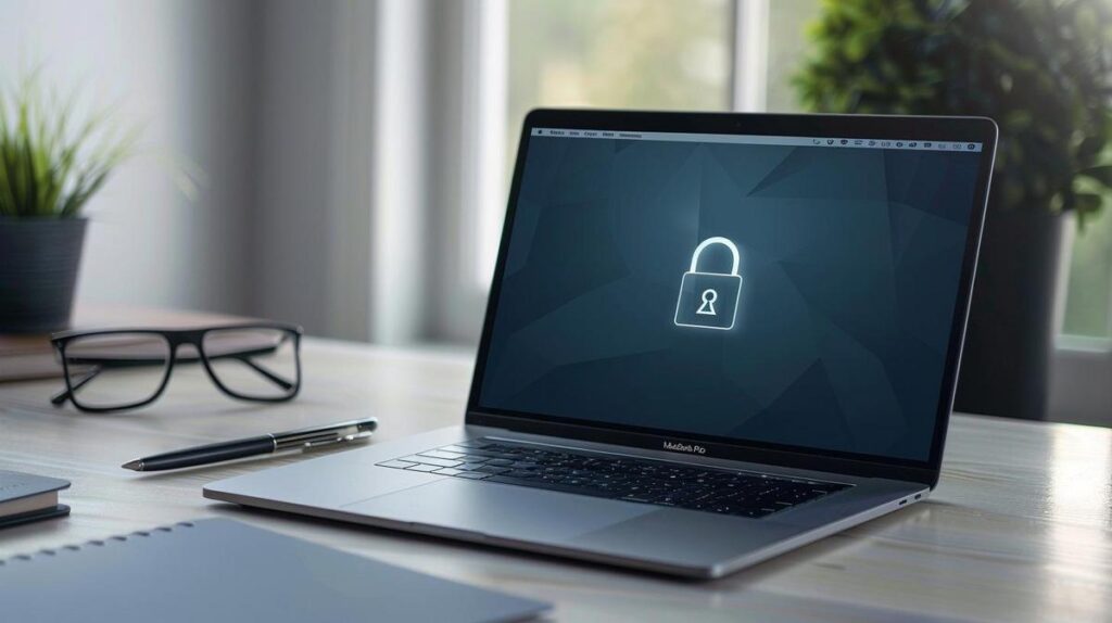 MacBook Pro com cadeado na tela: Como resolver? 2 MacBook Pro trancado sobre mesa minimalista, com óculos, caneta e caderno ao lado.