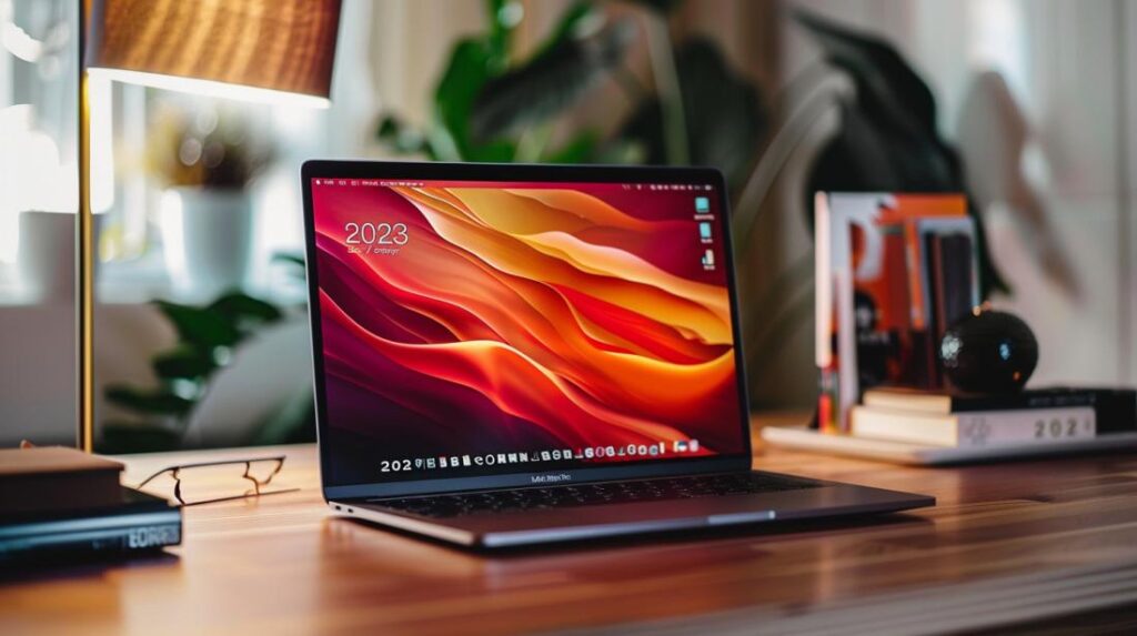 MacBook Pro i7 16GB 512 SSD: Vale a pena para profissionais? 2 Fotografia hiper-realista de um MacBook Pro i7 em um workspace moderno e minimalista.