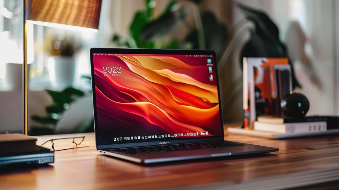 Fotografia hiper-realista de um MacBook Pro i7 em um workspace moderno e minimalista.