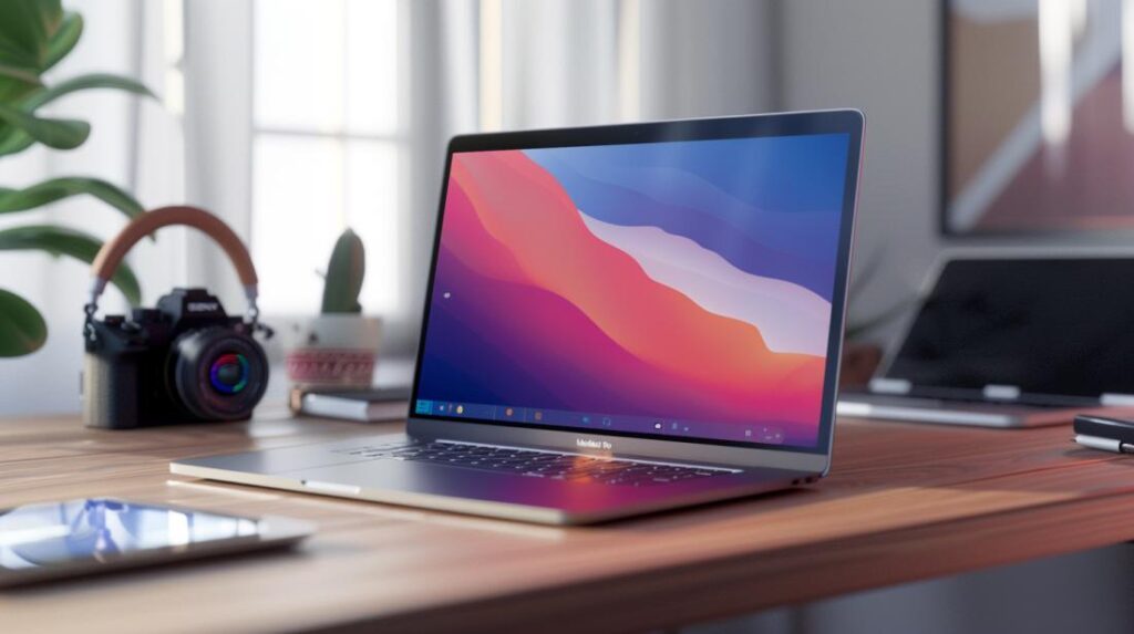 MacBook Pro i7 preço: Quanto custa em 2024? 2 Fotografia hiper-realista de um MacBook Pro i7 2023 em uma mesa de madeira minimalista.